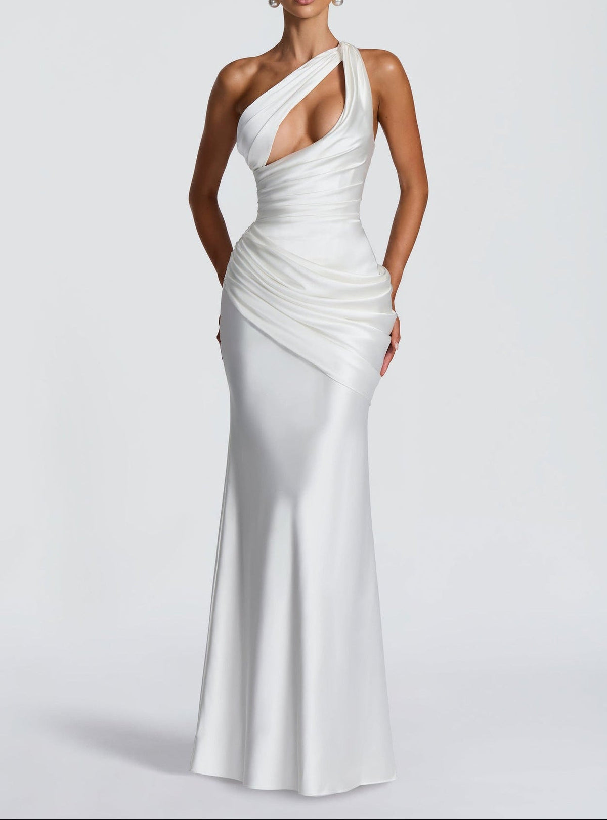 Women's Satin One-Shoulder Cutout Ruched Maxi Dress