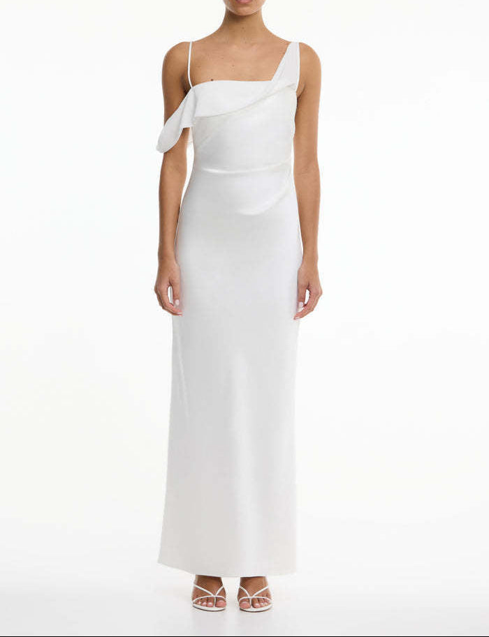 Women's Satin Asymmetric Ruffle Slip Maxi Dress