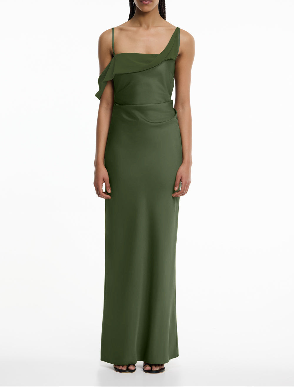Women's Satin Asymmetric Ruffle Slip Maxi Dress
