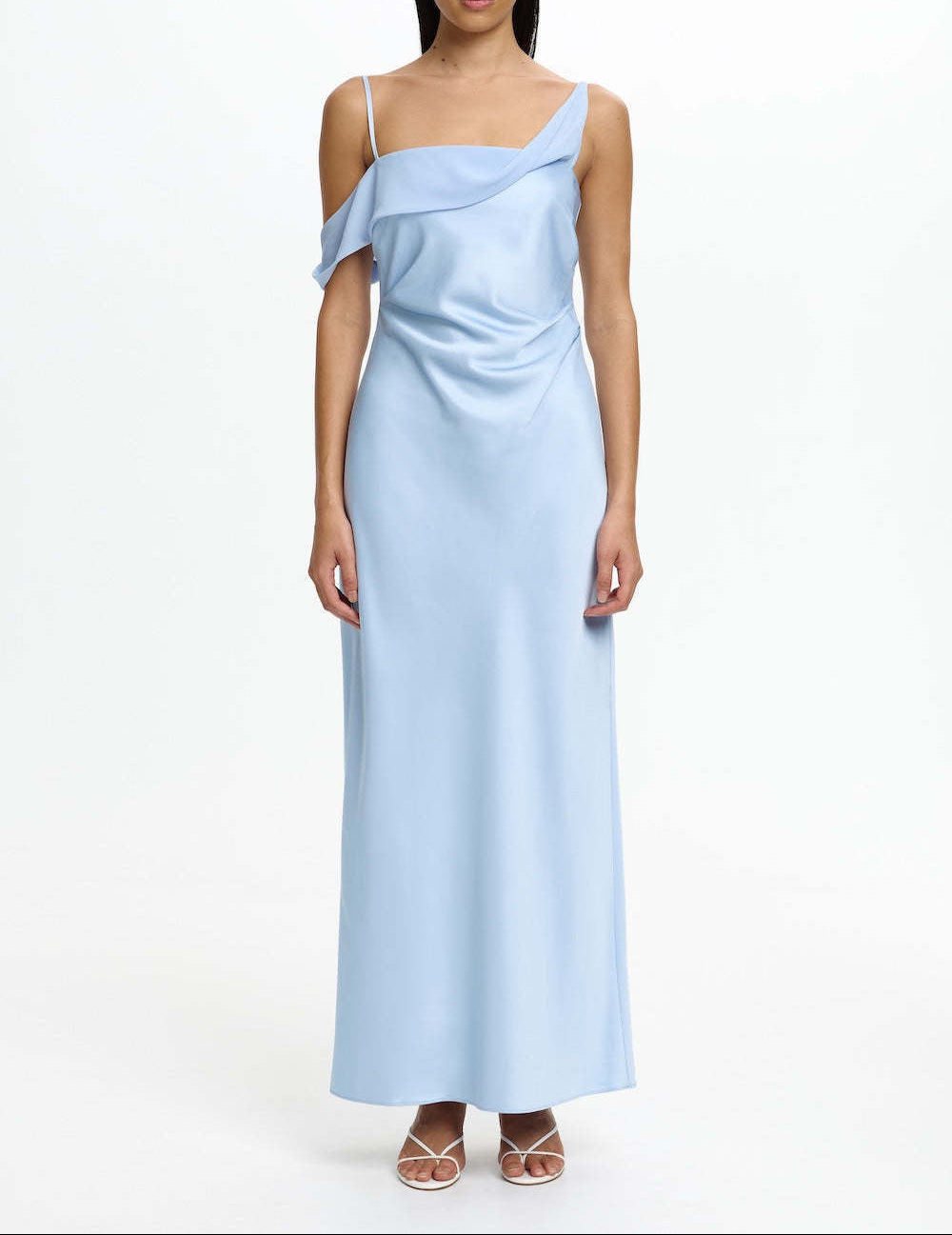 Women's Satin Asymmetric Ruffle Slip Maxi Dress