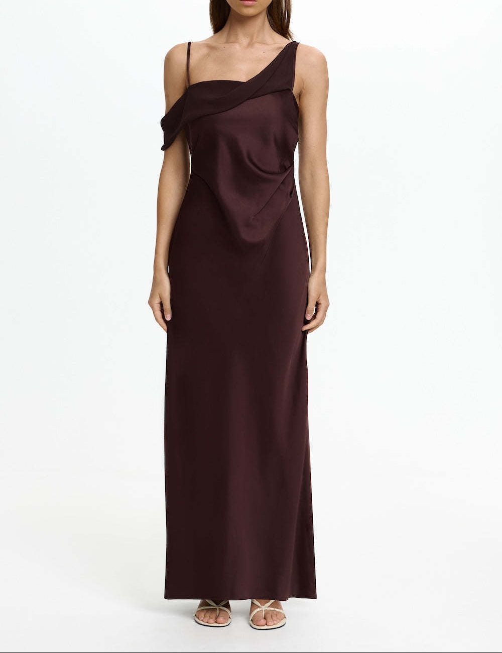 Women's Satin Asymmetric Ruffle Slip Maxi Dress