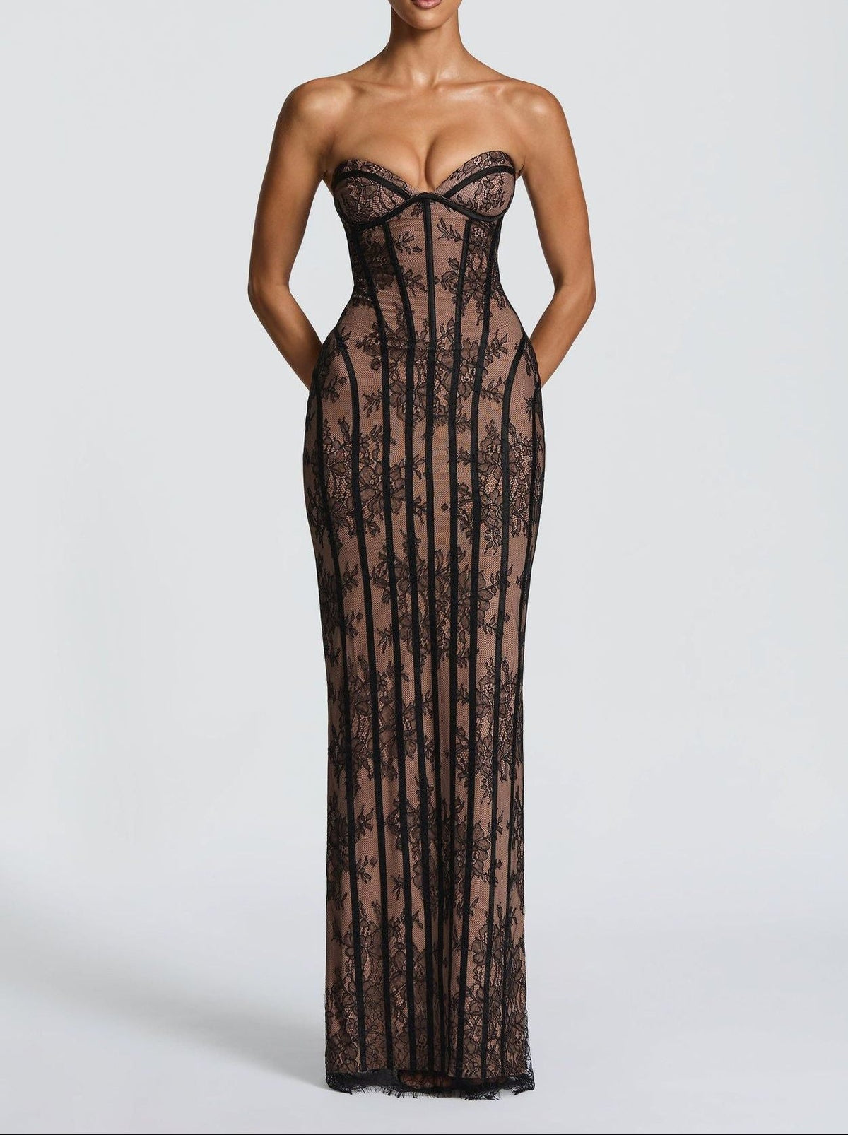 Women's Strapless Lace Corset Bodycon Maxi Dress