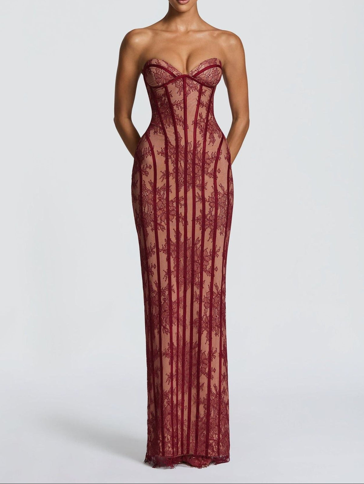 Women's Strapless Lace Corset Bodycon Maxi Dress