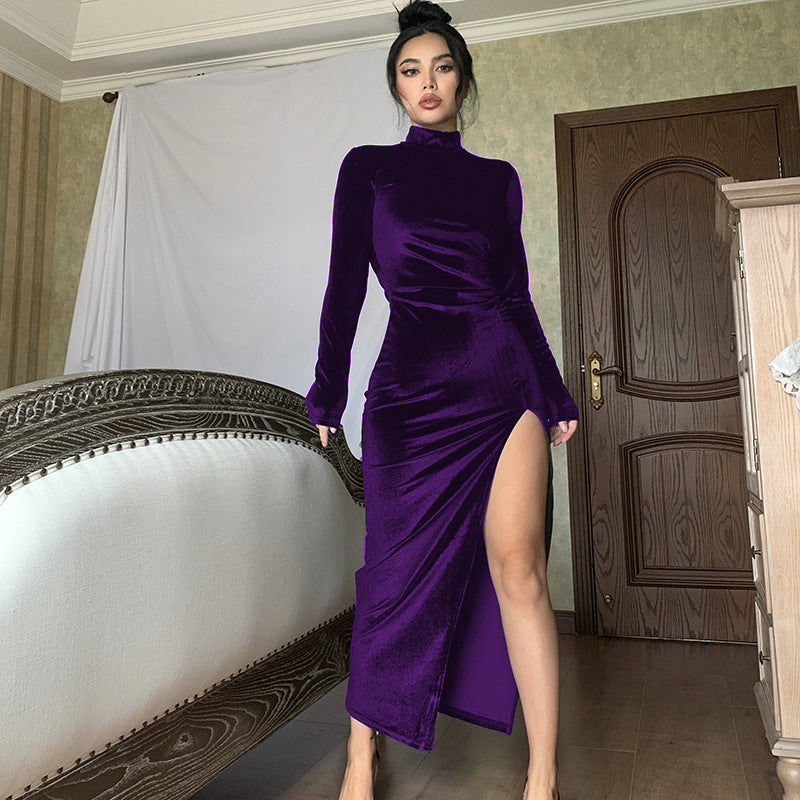 Women's Long Sleeve Mock Neck Velvet Maxi Dress with Thigh Slit