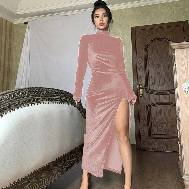 Women's Long Sleeve Mock Neck Velvet Maxi Dress with Thigh Slit