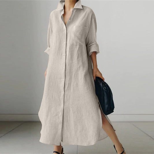 Women's Long Sleeve Split Casual Linen Maxi Dress