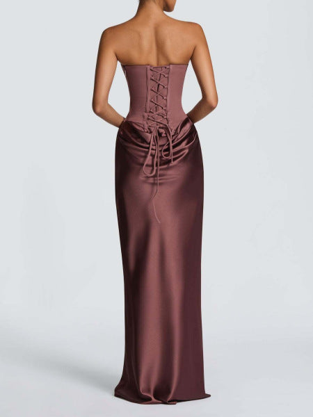 Women's Satin Maxi Dress Strapless Corset Choker Draped Bodycon
