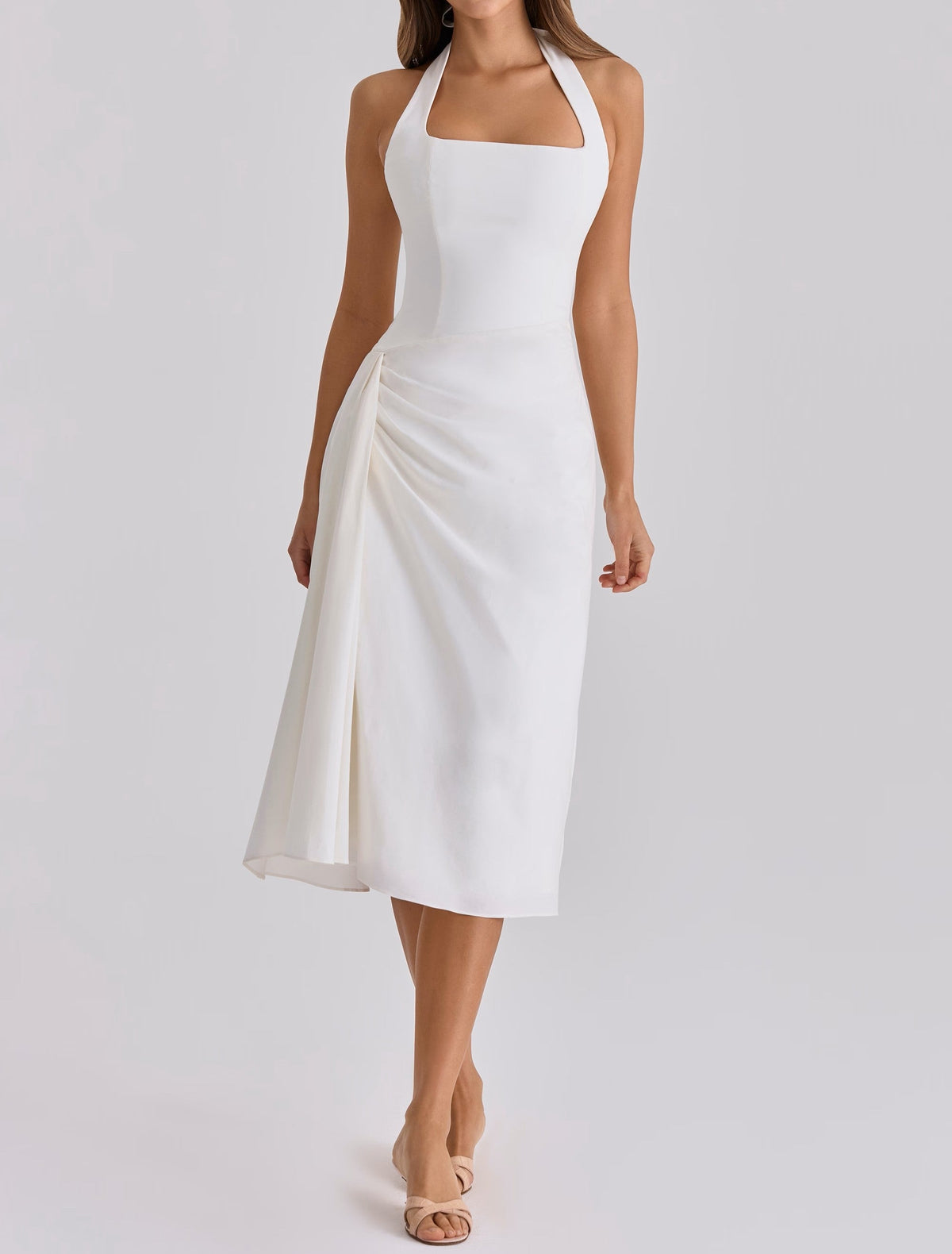 Women's Halter Neck Midi Dress Ruched Waist Square Neck Sleeveless