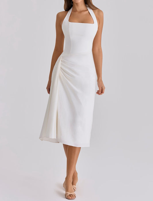 Women's Halter Neck Midi Dress Ruched Waist Square Neck Sleeveless
