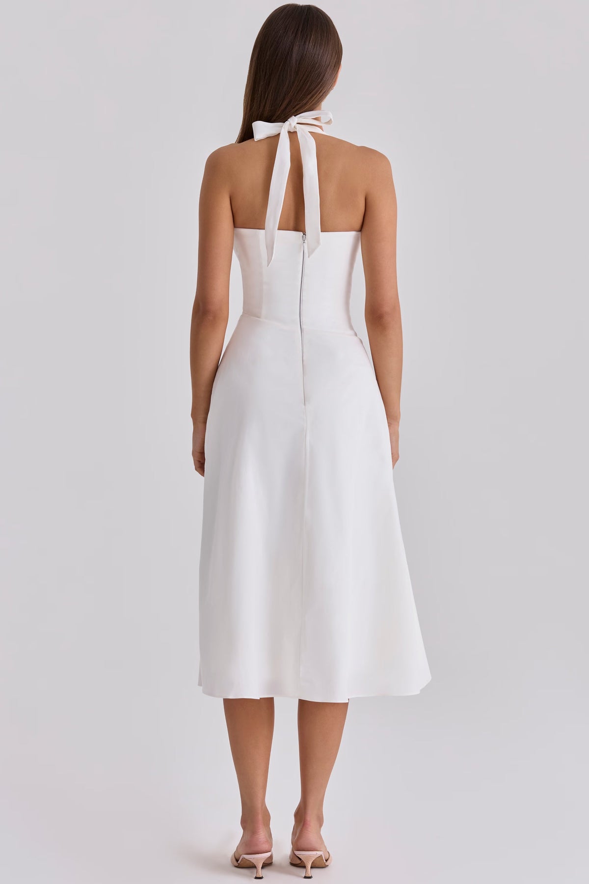 Women's Halter Neck Midi Dress Ruched Waist Square Neck Sleeveless